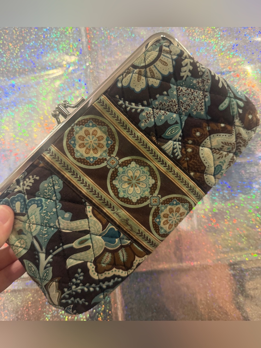 Vintage Vera Bradley Brown Blue Floral Kiss Lock Clutch Wallet